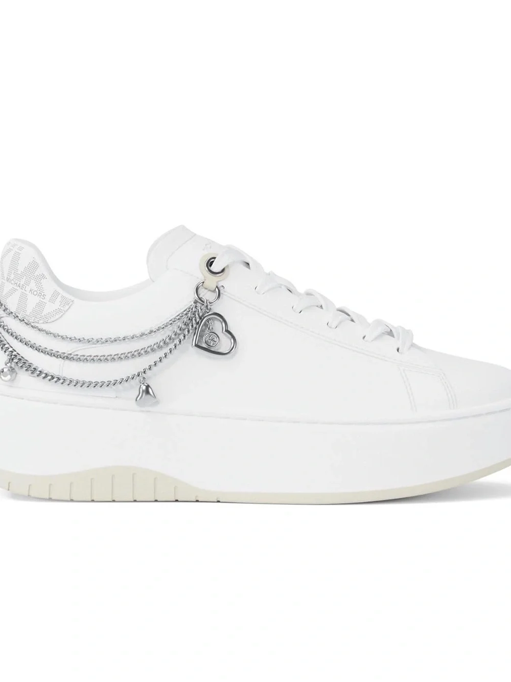 Michael Kors White Leather Platform Sneaker with Silver Chain Charms New Size 8